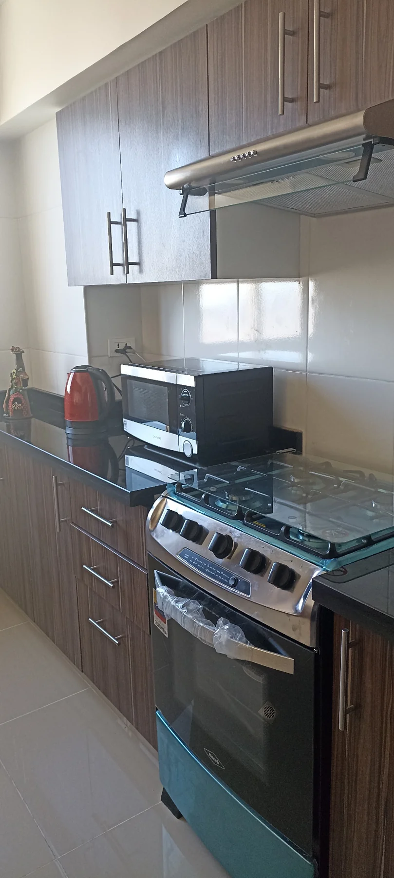Detalle de la cocina con horno, microondas y hervidor